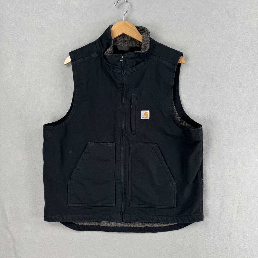 Carhartt Vest Mens Large Black Canvas Sherpa Fleece Lined Zip Workwear Outdoor